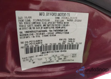 2005 Mercury Sable Ls z USA, uszkodzony, nr VIN 1MEFM55S75A618406